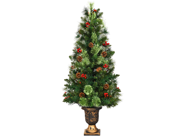 Costway 3ft Pre-Lit Christmas Entrance Tree In Urn w/ 40 LED Light Red Berries Pine Cone - Green