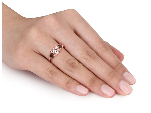 Morganite and Smokey QuartzThree Stone Ring 2.14 Carat (ctw) with Diamonds in Rose Sterling Silver - 10