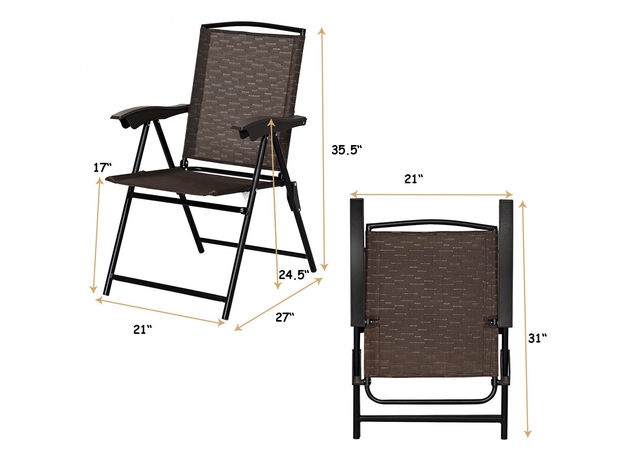 Costway 4 Piece Folding Sling Chairs Steel Armrest Patio Garden Camping W/Adjustable Back - Brown & Black