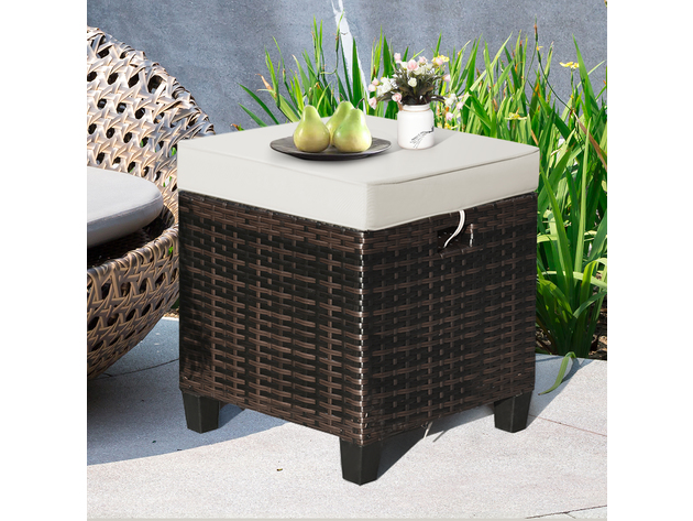 Costway 2 Piece Patio Rattan Ottoman Cushioned Seat Foot Rest Coffee Table - Brown