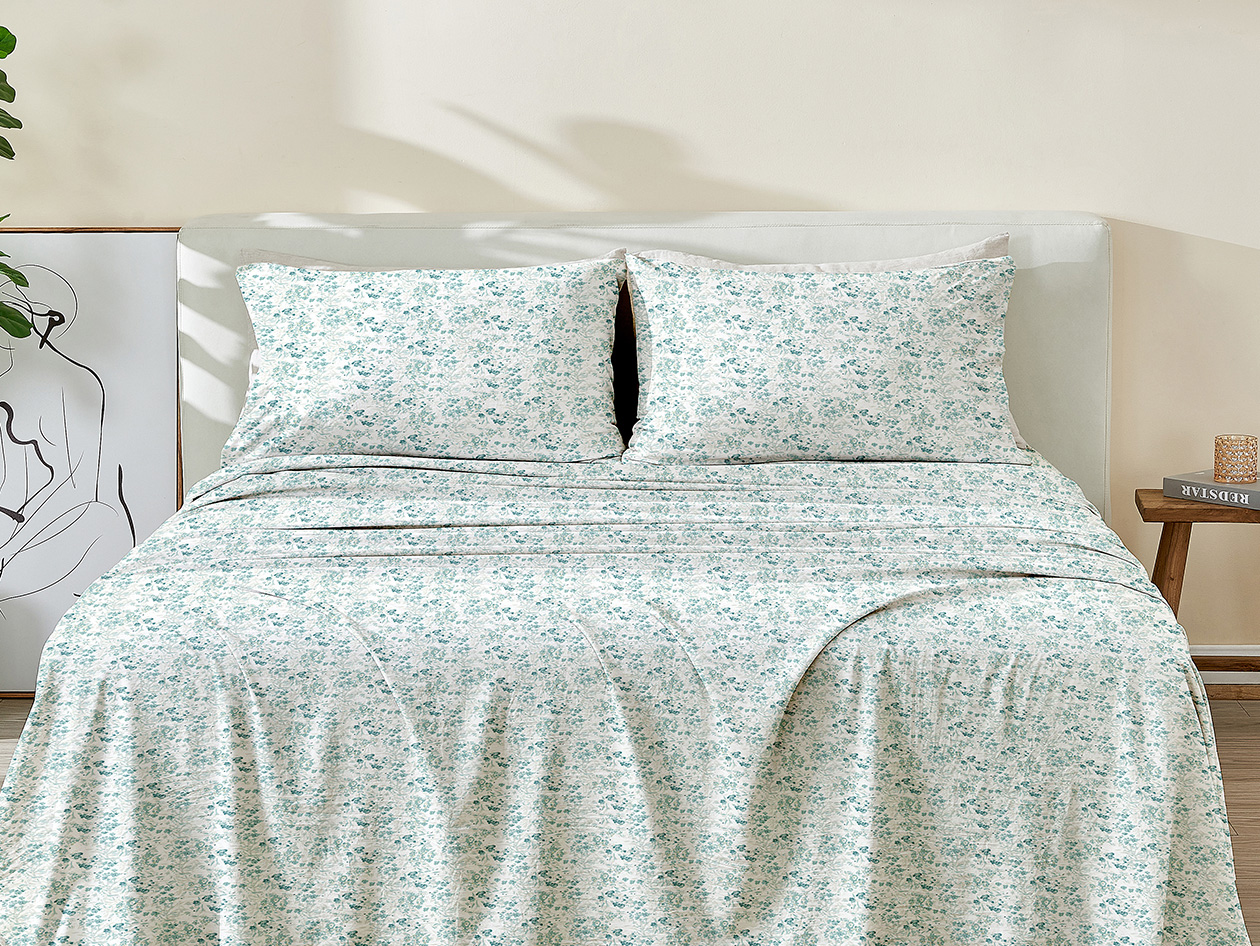 4-Piece Floral Print Microfiber Sheet Set (Chamblee Blue/Queen)