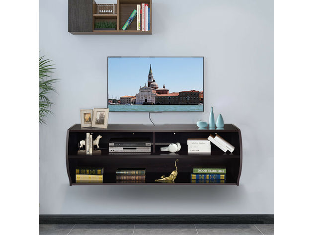 Costway 48.5'' Wall Mounted Audio/Video TV Stands Console Living Room Furniture W/Shelves - Dark Brown