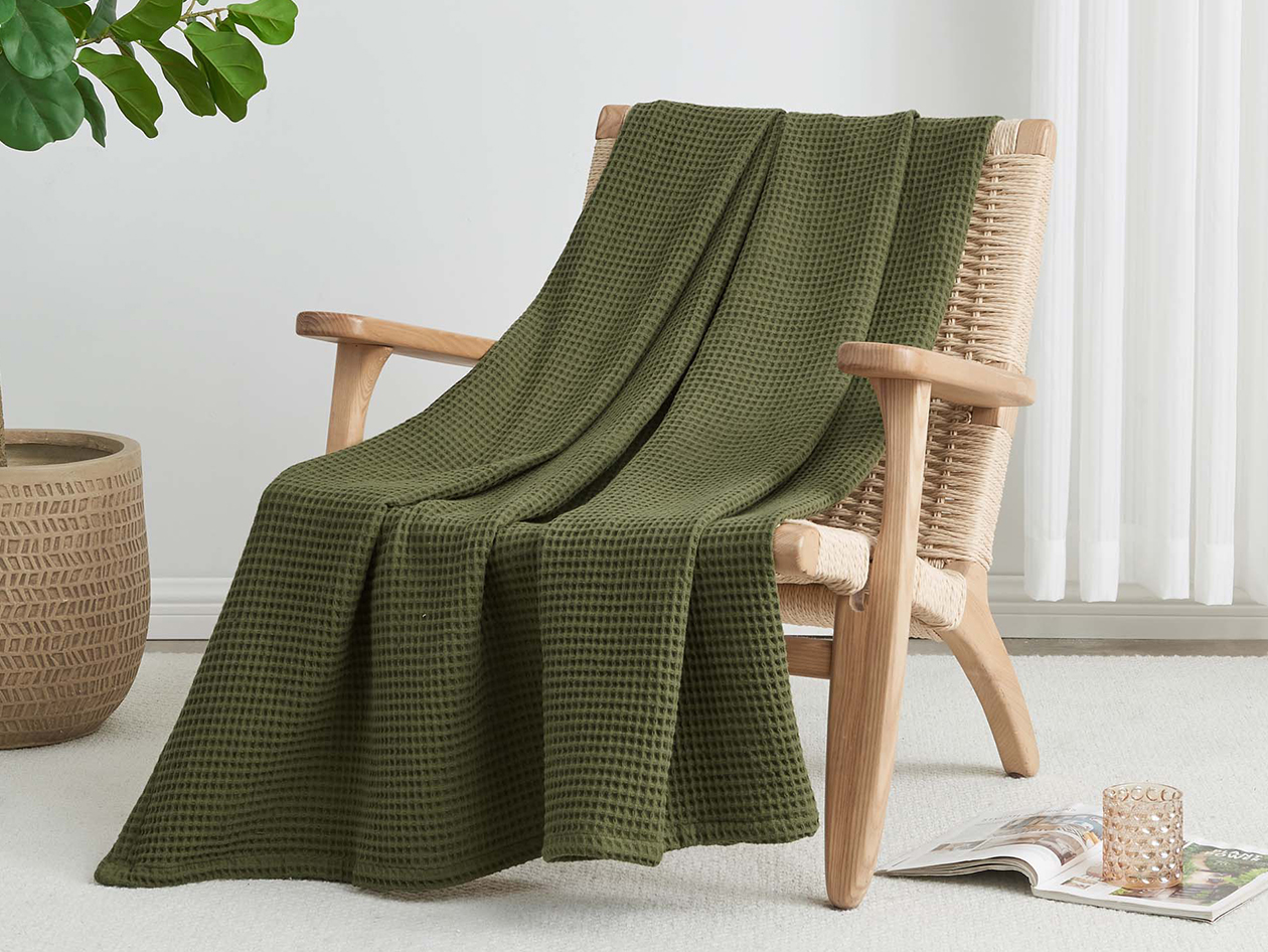 Vintage Cotton Waffle Blanket (Queen/Olive)