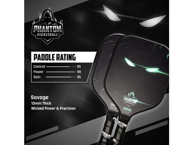 PHANTOM SAVAGE 13MM T800 Carbon Fiber Pickleball Pro Paddle with Cover (Steel)