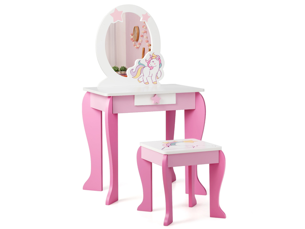 Costway Kids Vanity Makeup Dressing Table Chair Set Wooden with Mirror Drawer - White and pink