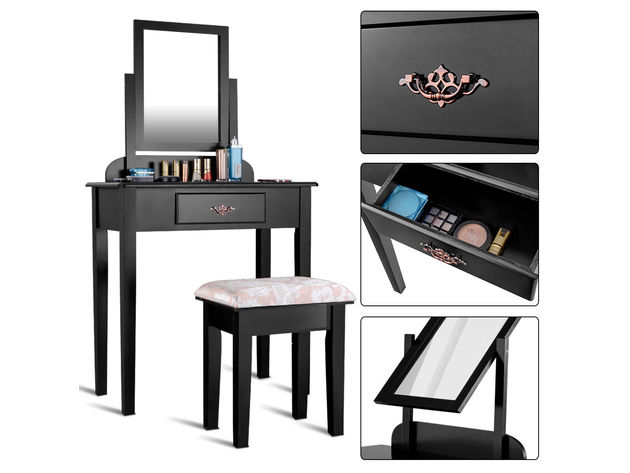 Costway Makeup Desk Vanity Dressing Table Square Stool 1 Large - Black