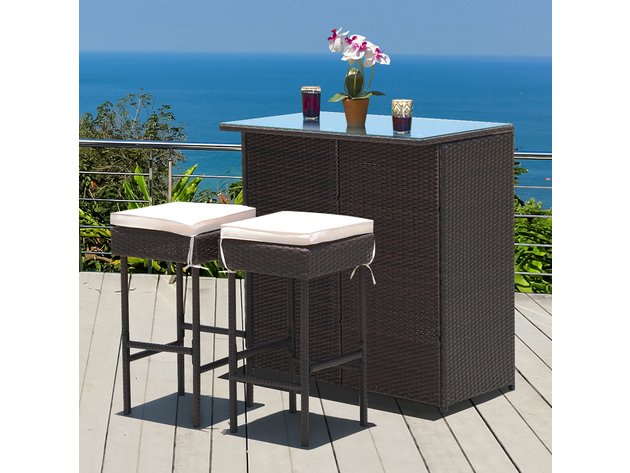 Costway 3 Piece Patio Rattan Wicker Bar Table Stools Dining Set