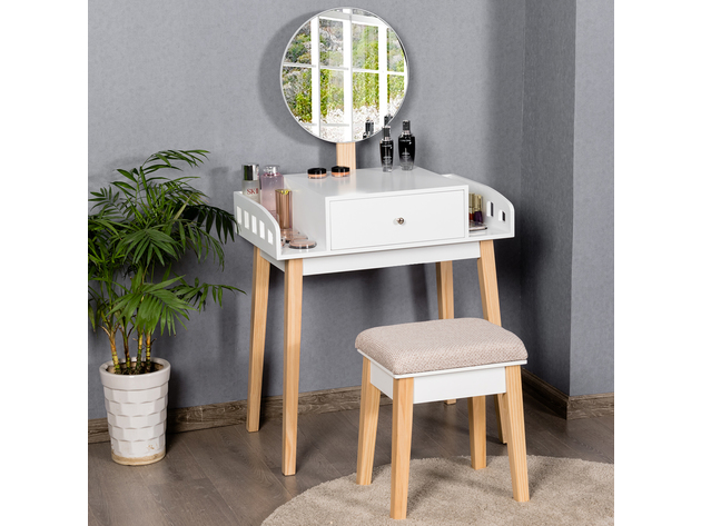 Costway Wooden Vanity Makeup Dressing Table Stool Round 1 Drawer - White and Natural
