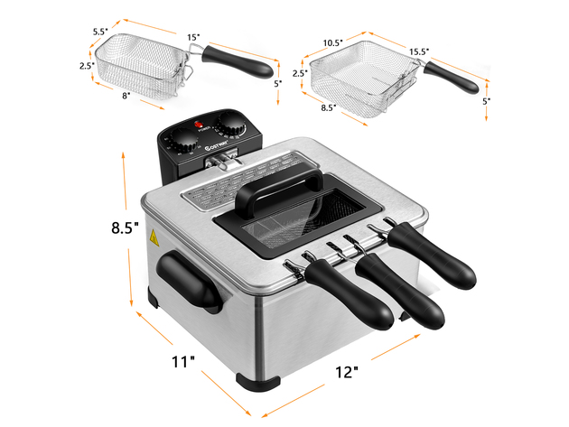 Costway Electric Deep Fryer 5.3QT/21-Cup Stainless Steel 1700W w/ Triple Basket - Black/Silver