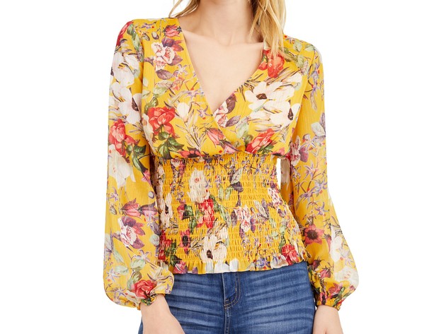 INC International Concepts Women's Floral Smocked Blouse Yellow Size ...