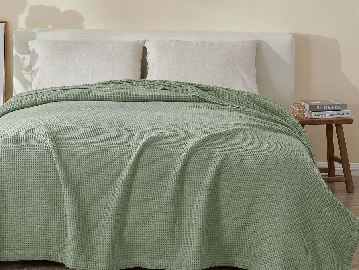 Vintage Cotton Waffle Blanket (King/Sage)