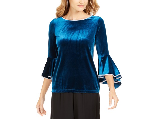 MSK Women's Embellished-Trim Women's Velvet Bell-Sleeve Top Blue Size Medium