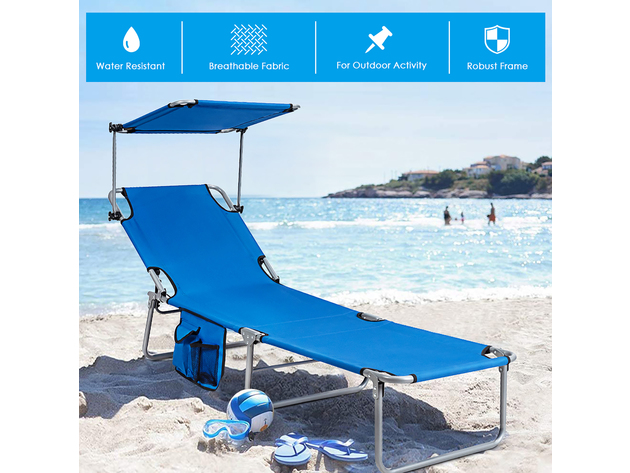 Costway Foldable Lounge Chair Outdoor Adjustable Beach Patio Pool Recliner W/Sun Shade - Blue