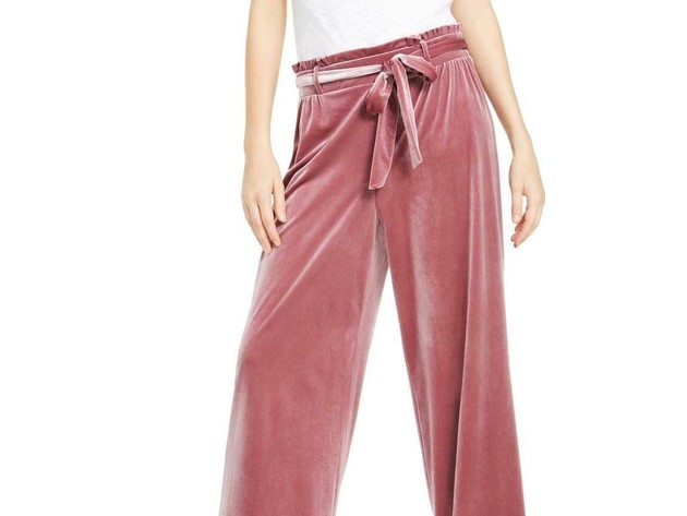 INC International Concepts Women's Velvet Wide-Leg Paperbag Pants Pink Size Medium