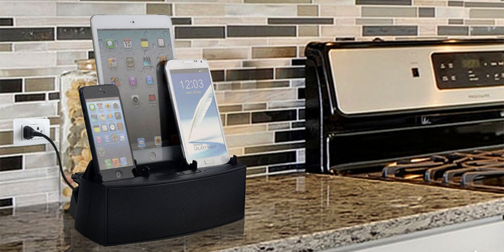 A charging deck for wireless devices on a kitchen counter