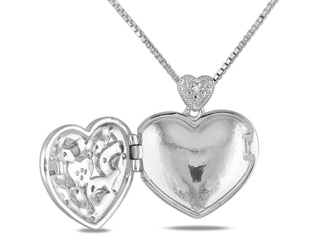 Sterling Silver Accent Diamond Heart Locket Pendant Necklace with Chain