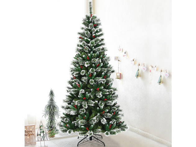 Costway 8 ft Snow Flocked Artificial Christmas Hinged Tree w/ Pine Needles & Red Berries - Green/White/Red