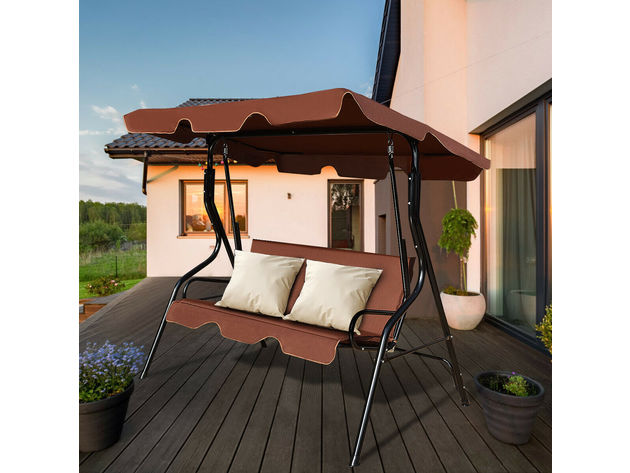 Costway 3 Seat Patio Canopy Swing Glider Hammock Cushioned Steel Frame Backyard Coffee - Coffee