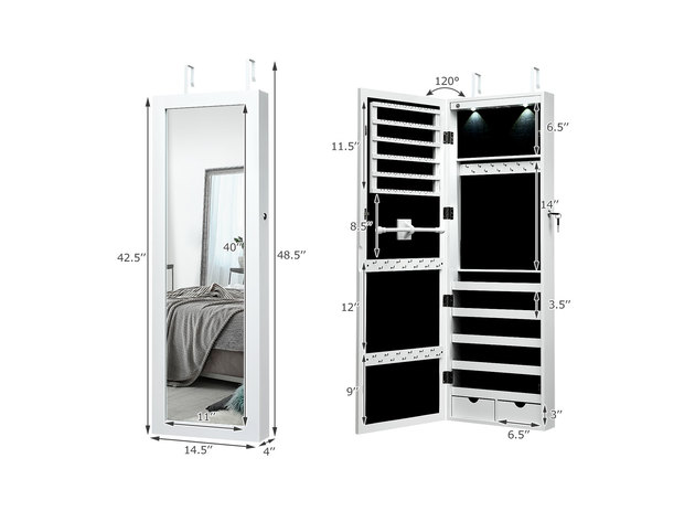 Costway Wall Mount Mirrored Jewelry Cabinet Organizer LED Lights - White