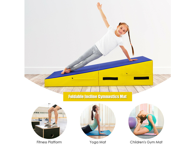 Costway Folding Incline Cheese Gymnastics Mat Slope Fitness Wedge Mat W/Handles Yellow + Blue