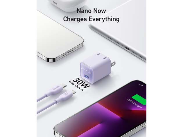 Anker 511 Charger (Nano 3, 30W) with USB-C to Lightning Cable (6ft) Lilac Purple