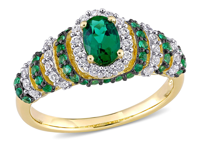 1.20 Carat (ctw) Lab Created Emerald & Created White Sapphire Ring in Yellow Plated Sterling Silver - 8