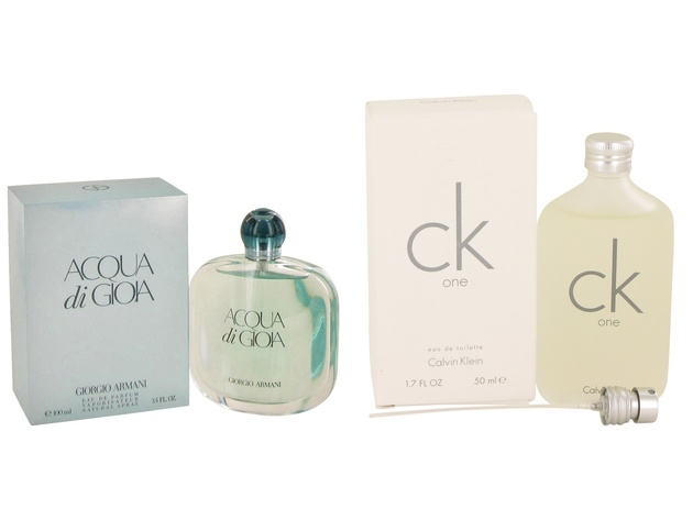 Gift set Acqua Di Gioia by Giorgio Armani Eau De Parfum Spray 3.4 oz And CK ONE EDT Pour Spray Unisex 1.7 oz