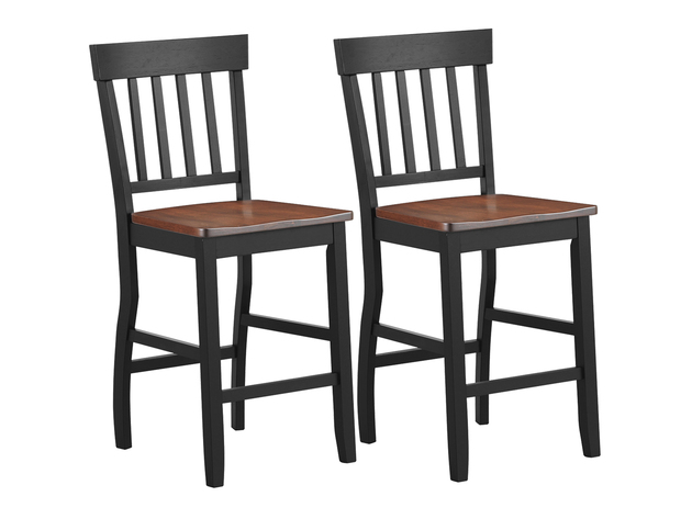 Set of 2 Bar Stools 24'' Counter Height Barstool Pub Chair Solid Wood Rake Back - Black, Walnut