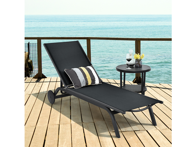 Costway Outdoor Lounge Chair Chaise Reclining Aluminum Fabric Adjustable - Black