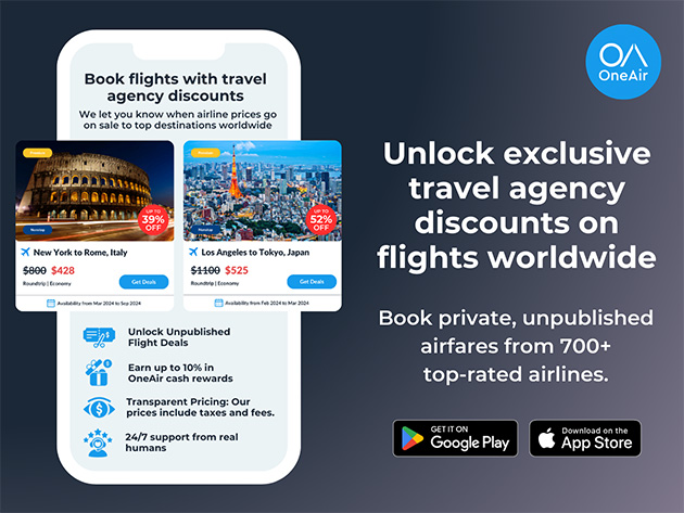 OneAir Elite: Lifetime Subscription (Book Unbeatable Hotel and Flight Deals + Earn Up to 10% in Cash Rewards on Most Bookings)