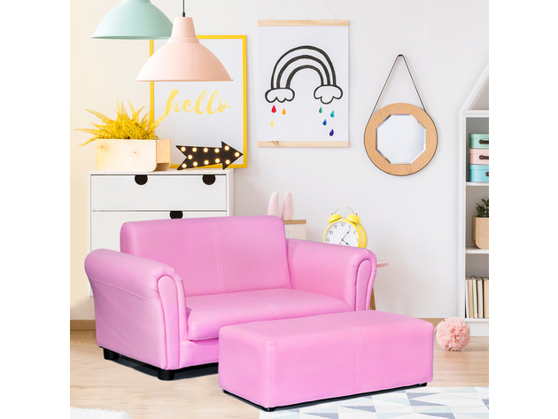 Costway Pink Kids Sofa Armrest Chair Couch Lounge Children Birthday Gift w/ Ottoman - Pink