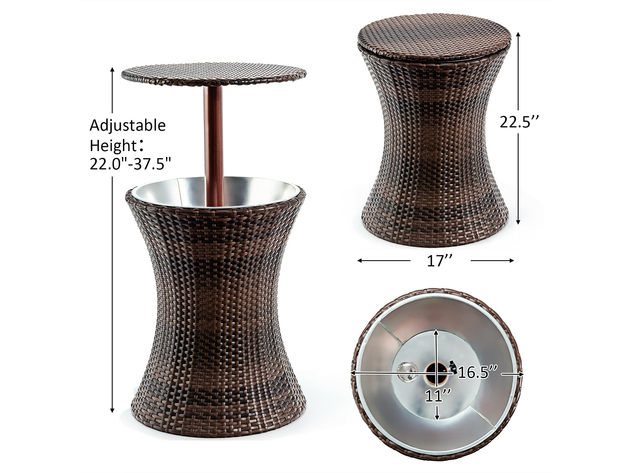 Costway Adjustable Outdoor Patio Rattan Ice Cooler Cool Bar Table Party Deck Pool - Brown