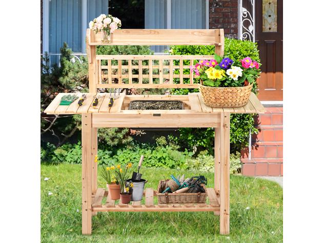 Costway Garden Potting Bench Workstation Table w/Sliding Tabletop Sink Shelves - Natural