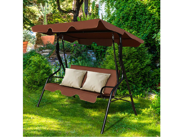 Costway 3 Seat Patio Canopy Swing Glider Hammock Cushioned Steel Frame Backyard Coffee - Coffee