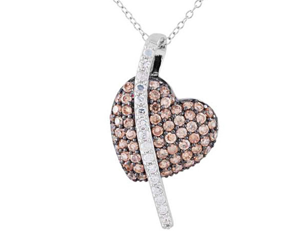 Synthetic White and Champagne Crystal Heart Pendant Necklace in Sterling Silver