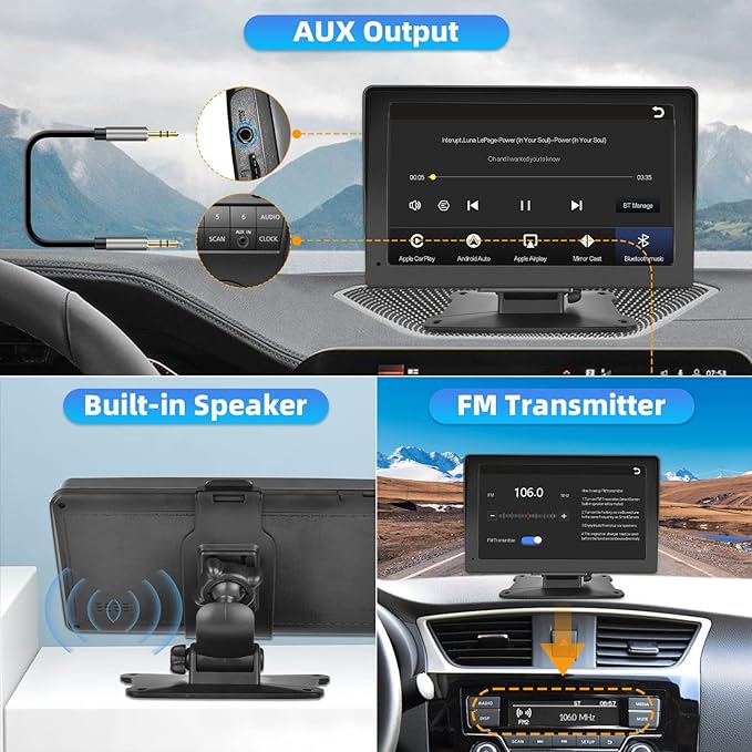 7" Wireless Car Display with Apple CarPlay/Android Auto Compatibility & Phone Mirroring