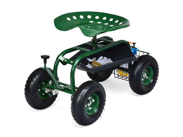 Costway Garden Cart Rolling Work Seat w/ Tool Tray Basket - Green