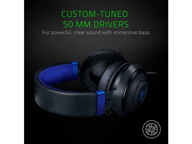 Razer Kraken Gaming Headset: Lightweight Aluminum Frame - Retractable Noise Isolating Microphone - For PC, PS4, PS5, Switch, Xbox One, Xbox Series X & S, Mobile - 3.5 mm Headphone Jack - Black/Blue - Certified Refurbished Brown Box