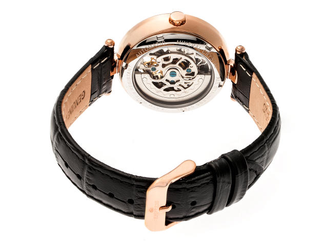Empress Stella Reloj Automático Semi-Esqueleto con Concha Nácar y Correa de Cuero (Negro/Azul)