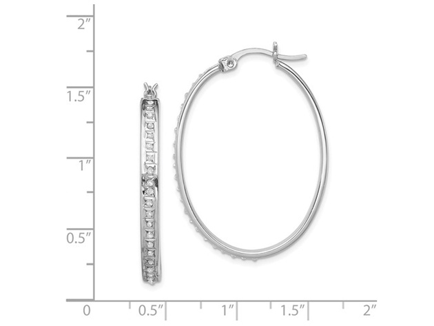 Oval Hoop Earrings in Sterling Silver with Diamonds Accents (1 1/2 Inch)