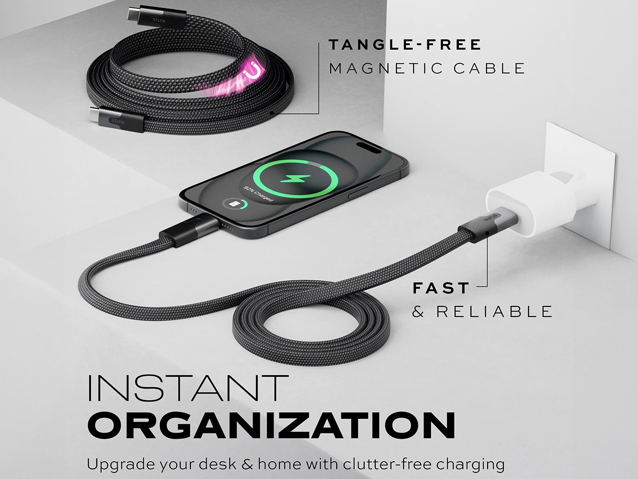 Statik® MagStack™ Slim Pro 3ft USB-C Tangle-Free Magnetic 100W Fast Charge Cables