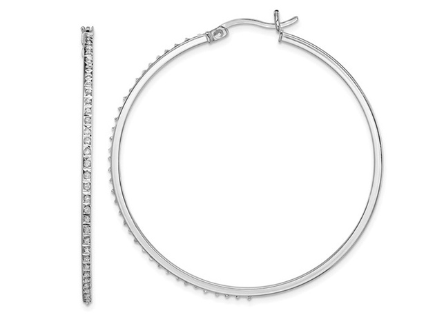 Sterling Silver Diamond Accent Round Hinged Hoop Earrings (1 3/4 Inch)