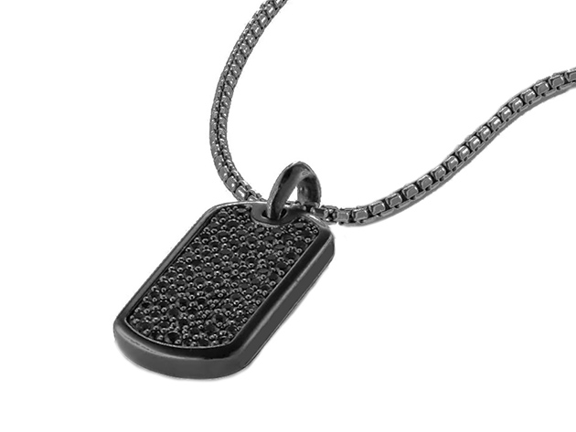 CZ Pav'e Men's Dogtag Pendant Silver Necklace (Black Rhodium) | Joyus