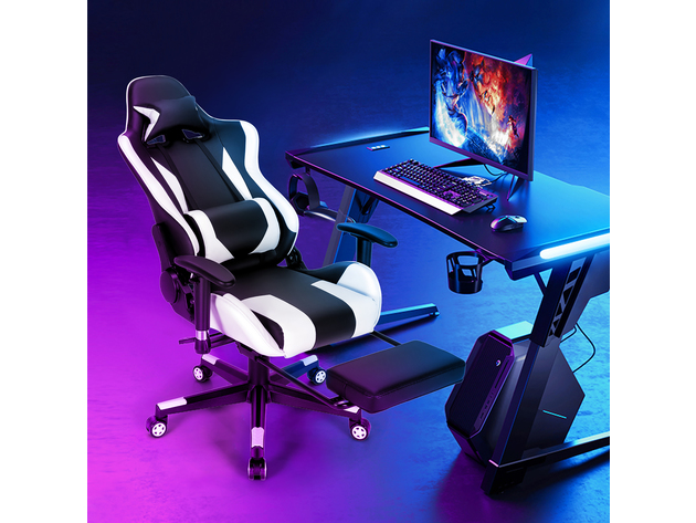 Costway Massage Gaming Chair Recliner Gamer Racing Chair w/ Lumbar Support & Footrest - Black and white