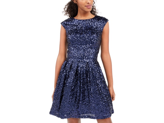 Emerald Sundae Women's Juniors' Sequined Fit & Flare Dress Blue Size Extra Small