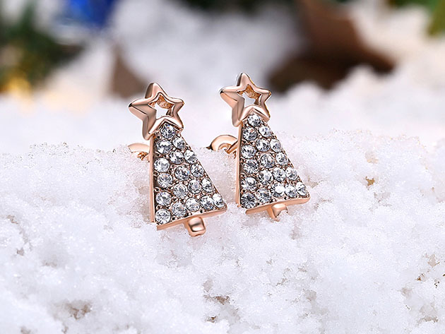 Christmas Tree Stud Earrings Paved with Swarovski Elements (Rose Gold)