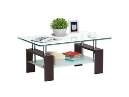 Costway Rectangular Tempered Glass Coffee Table w/Shelf Wood Living Room Furniture - as pic