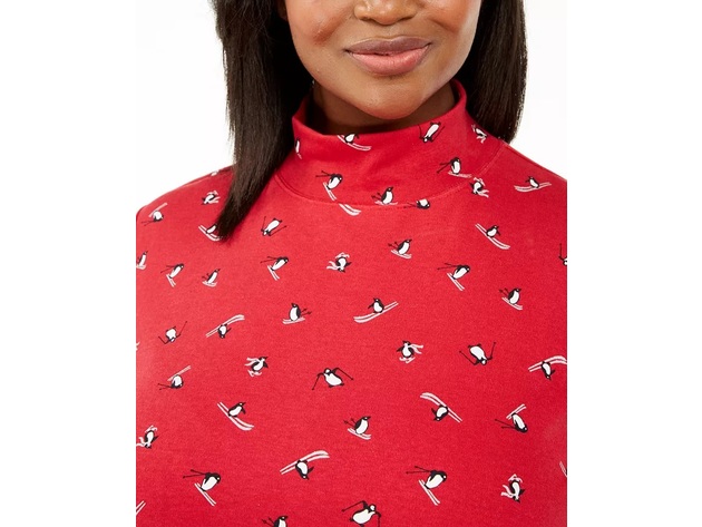Karen ScottWomen's Plus Size Skiing Penguins Printed Mock-Neck Top Bright Red Size XX Large