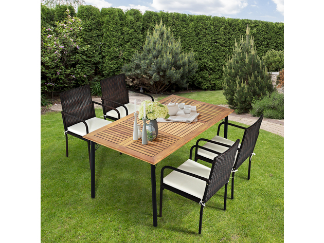 Costway 5 Piece Patio Rattan Dining Set Armrest Chair Wood Table Top Umbrella Hole - Brown