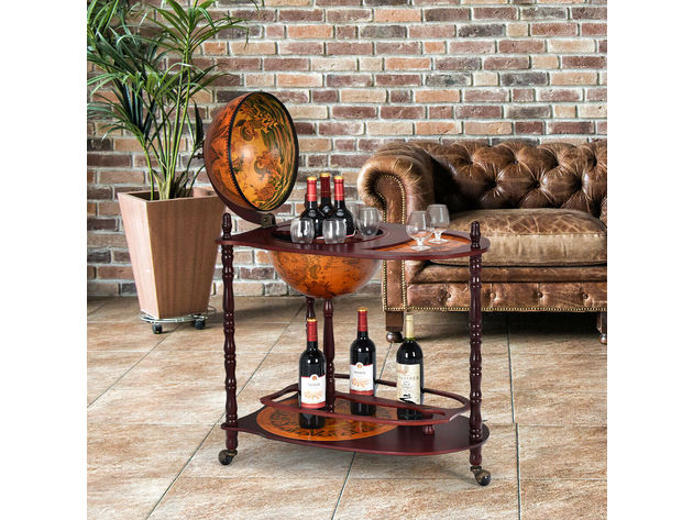 Costway Wood Globe Wine Bar Stand 34'' H 16th Century Italian Rack Liquor Bottle Shelf